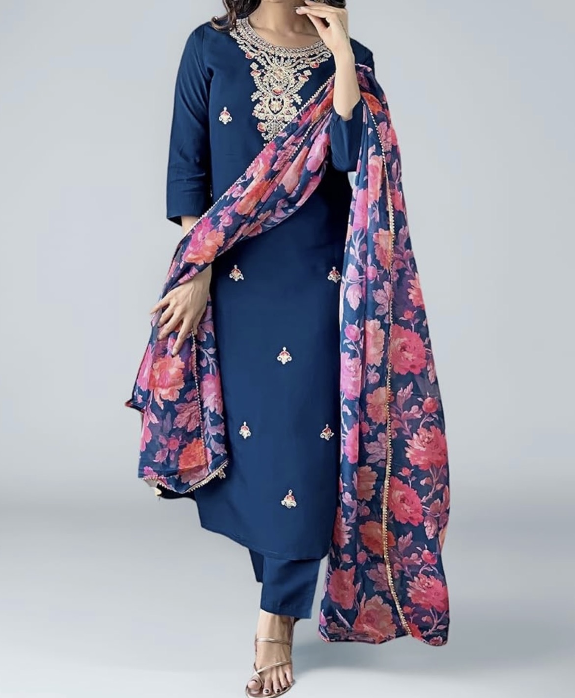 Naixa Women's Rayon Embroidered and Printed Straight Kurta with Pant and Dupatta Sets